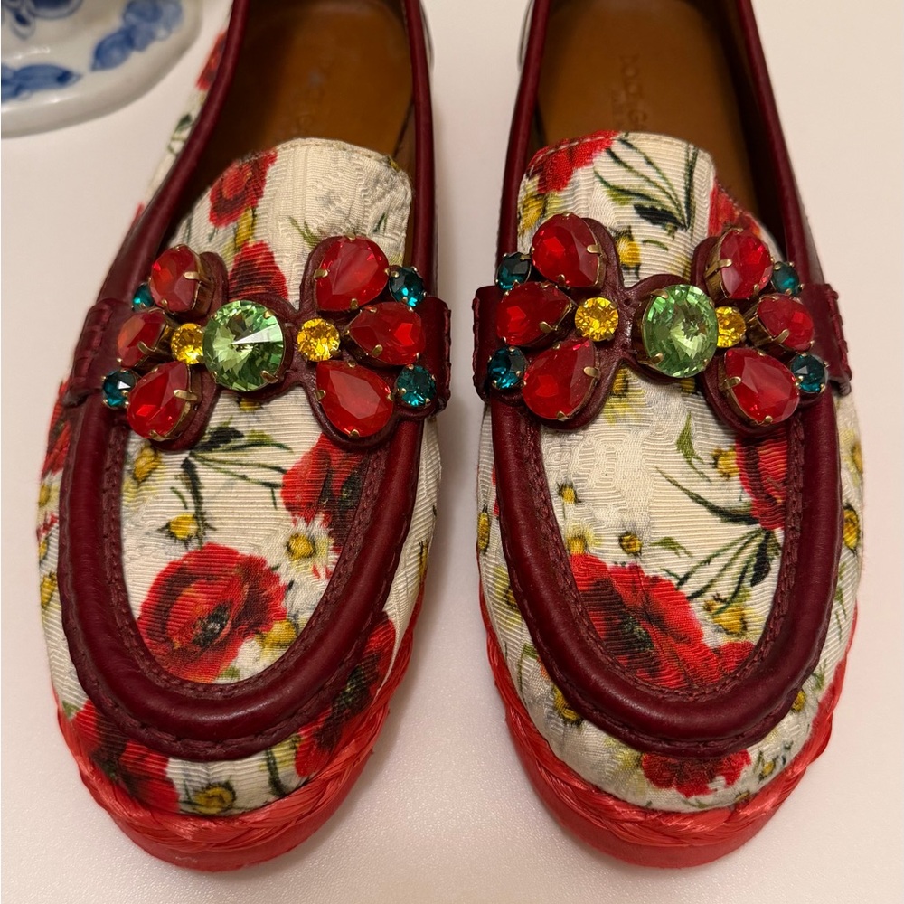 Dolce & Gabbana Floral Loafers with Red and Green Accents